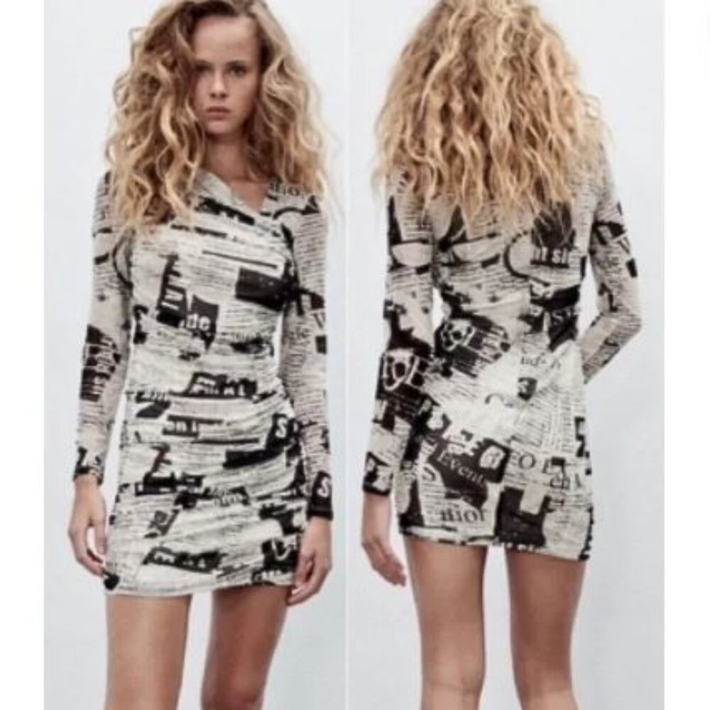 Zara | Black & White Mesh Newspaper Ruched Sides Bodycon Dress - Womens Size XXL